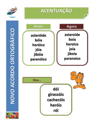 ACENTUAÇÃO
Antes
asteróide
bóia
heróico
jóia
jibóia
paranóico
asteroide
boia
heroico
joia
jiboia
paranoico
Agora
Mas…
dói
girassóis
cachecóis
heróis
rói
NOVOACORDOORTOGRÁFICO
 