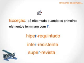 Exceção :   só não muda quando os primeiros elementos terminam com  r .  hipe r -requintado inte r -resistente supe r -revista removendo os parafusos... 