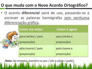 O que muda com o Novo Acordo Ortográfico??
• O acento diferencial sairá de uso, passando-se a
  escrever as palavras homógrafas sem nenhuma
  diferenciação gráfica.
            Como era antes               Como é agora
            pára (verbo) / para         para (verbo e
            (preposição)                preposição)

            pêlo (nome) / pelo          pelo (nome e
            (preposição)                preposição)

  Nota: No entanto, mantém-se por / pôr e pôde / pode).
 