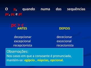 O  p , quando numa das sequências pc ,  pç  e  pt ANTES  DEPOIS decepcionar  dececionar excepcional  excecional recepcionista  rececionista pc > c Observações: Nos casos em que a consoante é pronunciada, mantém-se:  egípcio , núpcias, opcional. 