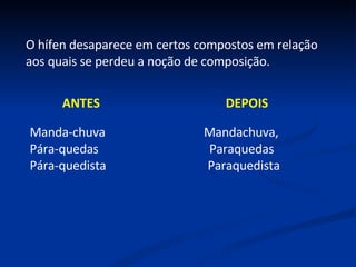 O hífen desaparece em certos compostos em relação aos quais se perdeu a noção de composição. ANTES  DEPOIS Manda-chuva  Mandachuva, Pára-quedas  Paraquedas Pára-quedista  Paraquedista 