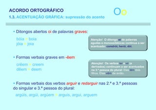 ACORDO ORTOGRÁFICO
1.3. ACENTUAÇÃO GRÁFICA: supressão do acento
                                                            Oo
 § Ditongos abertos oi de palavras graves:
   bóia > boia                               Atenção! O ditongo oi de palavras
   jóia > joia                               agudas e monossílábicas continua a ser
                                             acentuado: constrói, herói, dói.



 § Formas verbais graves em -êem:
                                             Atenção! Os verbos ter e vir (e
   crêem > creem                             derivados) continuam a ser acentuados
   dêem > deem                               na 3.ª pessoa do plural: Eles têm dois
                                             filhos. Elas vêm de avião.


 § Formas verbais dos verbos arguir e redarguir nas 2.ª e 3.ª pessoas
 do singular e 3.ª pessoa do plural:
   argúis, argúi, argúem > arguis, argui, arguem
 
