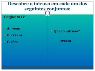 Descobre o intruso em cada um dos seguintes conjuntos: Conjunto IV A. veem B. crêem C. têm  Qual o intruso? creem 