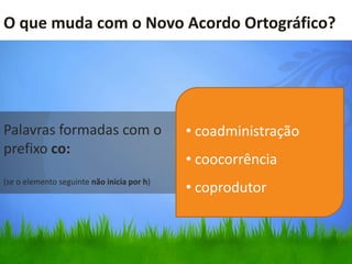 O que muda com o Novo Acordo Ortográfico?




Palavras formadas com o                     • coadministração
prefixo co:
                                            • coocorrência
(se o elemento seguinte não inicia por h)
                                            • coprodutor
 