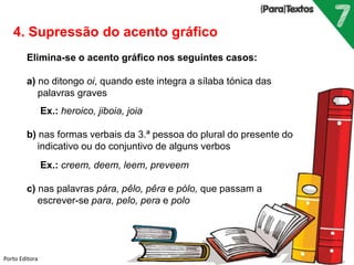 Porto Editora
4. Supressão do acento gráfico
Elimina-se o acento gráfico nos seguintes casos:
a) no ditongo oi, quando este integra a sílaba tónica das
palavras graves
Ex.: heroico, jiboia, joia
b) nas formas verbais da 3.ª pessoa do plural do presente do
indicativo ou do conjuntivo de alguns verbos
Ex.: creem, deem, leem, preveem
c) nas palavras pára, pêlo, pêra e pólo, que passam a
escrever-se para, pelo, pera e polo
 