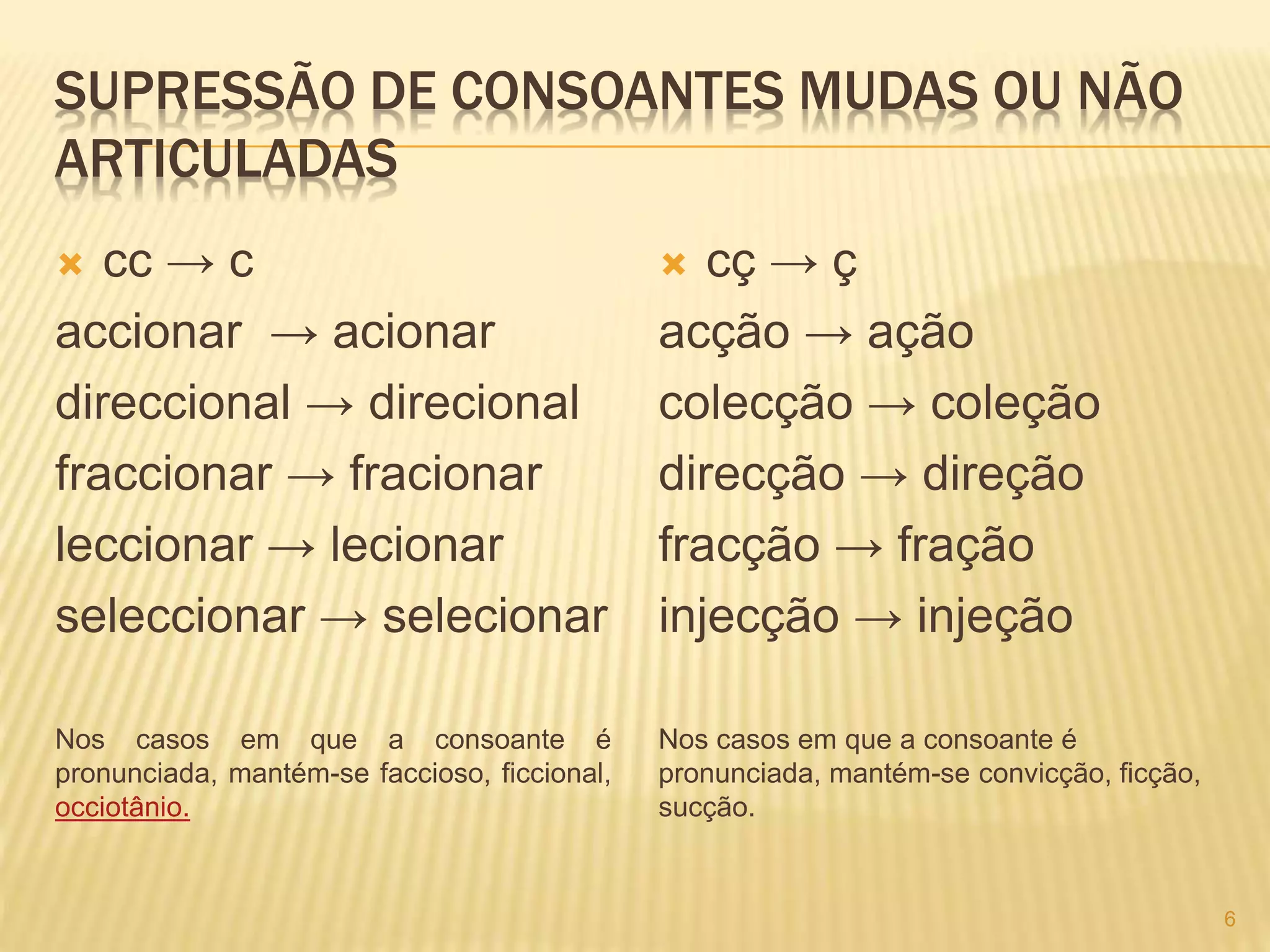 SUPRESSÃO DE CONSOANTES MUDAS OU NÃO 
ARTICULADAS 
 cc → c 
accionar → acionar 
direccional → direcional 
fraccionar → fracionar 
leccionar → lecionar 
seleccionar → selecionar 
Nos casos em que a consoante é 
pronunciada, mantém-se faccioso, ficcional, 
occiotânio. 
 cç → ç 
acção → ação 
colecção → coleção 
direcção → direção 
fracção → fração 
injecção → injeção 
Nos casos em que a consoante é 
pronunciada, mantém-se convicção, ficção, 
sucção. 
6 
 