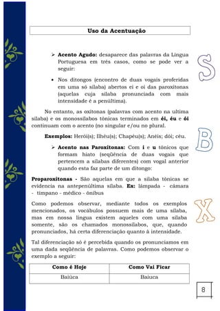 Uso da Acentuação
 Acento Agudo: desaparece das palavras da Língua
Portuguesa em três casos, como se pode ver a
seguir:
• Nos ditongos (encontro de duas vogais proferidas
em uma só sílaba) abertos ei e oi das paroxítonas
(aquelas cuja silaba pronunciada com mais
intensidade é a penúltima).
No entanto, as oxítonas (palavras com acento na ultima
sílaba) e os monossílabos tônicas terminados em éi, éu e ói
continuam com o acento (no singular e/ou no plural.
Exemplos: Herói(s); Ilhéu(s); Chapéu(s); Anéis; dói; céu.
 Acento nas Paroxítonas: Com i e u tônicos que
formam hiato (seqüência de duas vogais que
pertencem a sílabas diferentes) com vogal anterior
quando esta faz parte de um ditongo:
Proparoxítonas - São aquelas em que a silaba tônicas se
evidencia na antepenúltima sílaba. Ex: lâmpada - câmara
- tímpano - médico - ônibus
Como podemos observar, mediante todos os exemplos
mencionados, os vocábulos possuem mais de uma sílaba,
mas em nossa língua existem aqueles com uma sílaba
somente, são os chamados monossílabos, que, quando
pronunciados, há certa diferenciação quanto à intensidade.
Tal diferenciação só é percebida quando os pronunciamos em
uma dada seqüência de palavras. Como podemos observar o
exemplo a seguir:
Como é Hoje Como Vai Ficar
Baiúca Baiuca
 