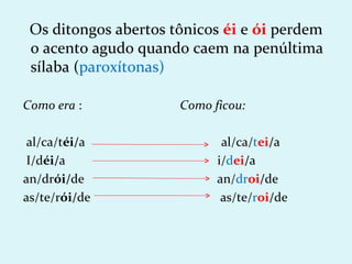 Os ditongos abertos tônicos éi e ói perdem
 o acento agudo quando caem na penúltima
 sílaba (paroxítonas)

Como era :            Como ficou:

 al/ca/téi/a                 al/ca/tei/a
 I/déi/a                    i/dei/a
an/drói/de                  an/droi/de
as/te/rói/de                 as/te/roi/de
 