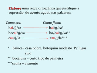 Elabore uma regra ortográfica que justifique a
 supressão do acento agudo nas palavras:

Como era:              Como ficou:
 bai/ú/ca                 bai/u/ca*
 bocai/ú/va               bo/cai/u/va**
 cau/í/la                 cau/i/la** *

 * baiuca= casa pobre, botequim modesto. Pj: lugar
             sujo
 ** bocaiuva = certo tipo de palmeira
 ***cauila = avarento
 