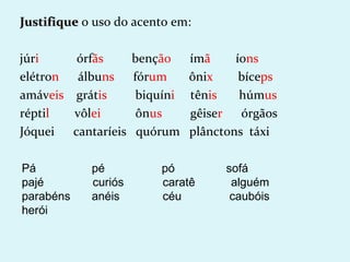 Justifique o uso do acento em:

júri    órfãs        benção     ímã     íons
elétron álbuns       fórum      ônix     bíceps
amáveis grátis        biquíni   tênis    húmus
réptil  vôlei         ônus      gêiser órgãos
Jóquei cantaríeis     quórum    plânctons táxi

Pá          pé           pó           sofá
pajé        curiós       caratê        alguém
parabéns    anéis        céu           caubóis
herói
 