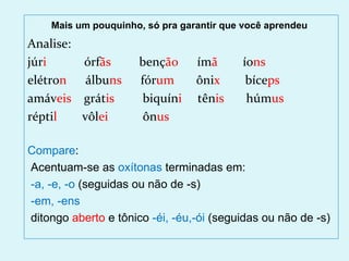 Mais um pouquinho, só pra garantir que você aprendeu
Analise:
júri     órfãs        benção     ímã      íons
elétron álbuns        fórum      ônix      bíceps
amáveis grátis         biquíni   tênis     húmus
réptil   vôlei         ônus

Compare:
Acentuam-se as oxítonas terminadas em:
-a, -e, -o (seguidas ou não de -s)
-em, -ens
ditongo aberto e tônico -éi, -éu,-ói (seguidas ou não de -s)
 