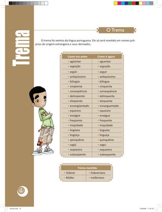 Trema                                                                    O Trema
                      O trema foi ex nto da língua portuguesa. Ele só será man do em nomes pró-
                 prios de origem estrangeira e seus derivados.



                                          Como era antes            Como é agora
                                          • agüentar                • aguentar
                                          • argüição                • arguição
                                          • argüir                  • arguir
                                          • an qüíssimo             • an quíssimo
                                          • bilíngüe                • bilíngue
                                          • cinqüenta               • cinquenta
                                          • conseqüência            • consequência
                                          • delinqüente             • delinquente
                                          • eloqüente               • eloquente
                                          • ensangüentado           • ensanguentado
                                          • eqüestre                • equestre
                                          • enxágüe                 • enxágue
                                          • freqüente               • frequente
                                          • iniqüidade              • iniquidade
                                          • lingüeta                • lingueta
                                          • lingüiça                • linguiça
                                          • qüinqüênio              • quinquênio
                                          • sagüi                   • sagui
                                          • seqüestro               • sequestro
                                          • subseqüente             • subsequente



                                                     Trema man do
                                       • Hübner            • hübneriano
                                       • Müller            • mülleriano



            14




Acordo.indd 14                                                                                    12/9/2008 11:27:03
 