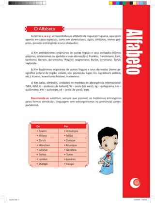 As letras k, w e y, acrescentadas ao alfabeto da língua portuguesa, aparecem 
apenas em casos especiais, como em abreviaturas, siglas, símbolos, nomes pró-prios, 
palavras estrangeiras e seus derivados: 
a) Em antropônimos originários de outras línguas e seus derivados (nomes 
próprios, sobrenomes ou apelidos e suas derivações): Franklin, frankliniano; Kant, 
kan smo; Darwin, darwinismo; Wagner, wagneriano; Byron, byroniano; Taylor, 
taylorista. 
b) Em topônimos originários de outras línguas e seus derivados (nome ge-ográfi 
co próprio de região, cidade, vila, povoação, lugar, rio, logradouro público, 
etc.): Kuwait, kuwai ano; Malawi, malawiano. 
c) Em siglas, símbolos, unidades de medidas de abrangência internacional: 
TWA, KLM, K – potássio (de kalium), W – oeste (de west), kg – quilograma, km – 
quilômetro, kW – quilowa , yd – jarda (de yard), wa . 
Recomenda-se subs tuir, sempre que possível, os topônimos estrangeiros 
pelas formas vernáculas (linguagem sem estrangeirismos na pronúncia) corres-pondentes. 
Alfabeto 
O Alfabeto 
De Por 
• Anvers • Antuérpia 
• Milano • Milão 
• Zürich • Zurique 
• München • Munique 
• Géneve • Genebra 
• Torino • Turim 
• London • Londres 
• Shangai • Xangai 
3 
Acordo.indd 3 12/9/2008 14:52:35 
 