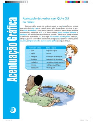 Acentuação Gráﬁca      Acentuação dos verbos com QU e GU
                            no radical
                               O acento gráﬁco agudo não será mais usado na vogal u das formas verbais
                         que contenham qu e gu no radical. Assim, além de perderem o trema, os ver-
                         bos arguir e redarguir e suas ﬂexões não mais receberão acento agudo, embora
                         mantenham a tonicidade no u. Já os verbos do po aguar, enxaguar, obliquar e
                         delinquir, por admi rem duas pronúncias, passam a aceitar duas graﬁas: quando
                         a tonicidade recair sobre o u, essa vogal não receberá acento gráﬁco (enxague,
                         oblique); quando a tonicidade recair sobre as vogais a ou i da sílaba anterior, estas
                         deverão, obrigatoriamente, receber acento gráﬁco (enxágue, oblíque).


                                      Como era antes           Como é agora
                                      • ágüe                   • águe ou ague
                                      • argúe                  • argue
                                      • averigue               • averígue ou averigue
                                      • deságua                • deságua ou desagua
                                      • enxágüem               • enxáguem ou enxaguem
                                      • obliqúe                • oblíque ou oblique
                                      • redargúem              • redarguem




            12




Acordo.indd 12                                                                                                   12/9/2008 11:27:02
 