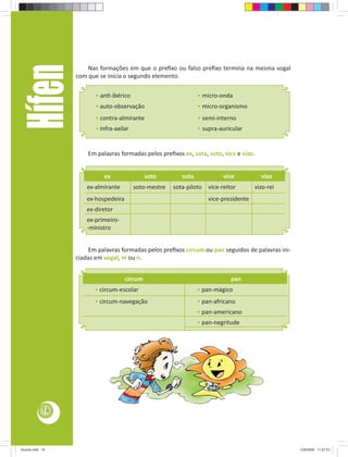 Hífen           Nas formações em que o preﬁxo ou falso preﬁxo termina na mesma vogal
                 com que se inicia o segundo elemento.

                        • an -ibérico                            • micro-onda
                        • auto-observação                        • micro-organismo
                        • contra-almirante                       • semi-interno
                        • infra-axilar                           • supra-auricular


                     Em palavras formadas pelos preﬁxos ex, sota, soto, vice e vizo.


                           ex                 soto        sota            vice           vizoo
                     ex-almirante        soto-mestre   sota-piloto vice-reitor         vizo-rei
                     ex-hospedeira                                   vice-presidente
                     ex-diretor
                     ex-primeiro-
                     -ministro


                     Em palavras formadas pelos preﬁxos circum ou pan seguidos de palavras ini-
                 ciadas em vogal, m ou n.


                                     circum                                  pan
                        • circum-escolar                         • pan-mágico
                        • circum-navegação                       • pan-africano
                                                                 • pan-americano
                                                                 • pan-negritude




            16




Acordo.indd 16                                                                                    12/9/2008 11:27:03
 
