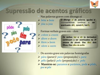 Supressão de acentos gráficos
           Nas palavras graves com ditongo oi
           bóia > boia
           jóia > joia

           Formas verbais graves em – êem
             crêem > creem
             dêem > deem
             lêem > leem
             vêem > veem

           Do acento grave em palavras homógrafas
           pára (parar)/ para (preposição) > para
           pêlo (pelar)/ pelo (preposição) > pelo
           Mantém-se: paramos e parámos, pode e pôde,
              por e pôr
 