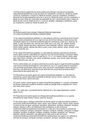 10º) Prescinde-se igualmente de acento gráfico para distinguir paroxítonas homógrafas
heterofónicas/heterofônicas do tipo de acerto (ê), substantivo, e acerto (é,), flexão de acertar;
acordo (ô), substantivo, e acordo (ó), flexão de acordar; cerca (ê), substantivo, advérbio e
elemento da locução prepositiva cerca de, e cerca (é,), flexão de cercar; coro (ó), substantivo, e
flexão de corar; deste (ê), contracção da preposição de com o demonstrativo este, e deste (é),
flexão de dar; fora (ô), flexão de ser e ir, e fora (ó), advérbio, interjeição e substantivo; piloto
(ô), substantivo, e piloto (ó), flexão de pilotar, etc.




BASE X
DA ACENTUAÇÃO DAS VOGAIS TÓNICAS/TÔNICAS GRAFADAS
I E U DAS PALAVRAS OXÍTONAS E PAROXÍTONAS

1º) As vogais tónicas/tônicas grafadas i e u das palavras oxítonas e paroxítonas levam acento
agudo quando antecedidas de uma vogal com que não formam ditongo e desde de que não
constituam sílaba com a eventual consoante seguinte, excetuando o caso de s: adaís (pl. de
adail), aí, atraí (de atrair), baú, caís (de cair), Esaú, jacuí, Luís, país, etc.; alaúde, amiúde,
Araújo, Ataíde, atraiam (de atrair), atraísse (id.) baía, balaústre, cafeína, ciúme, egoísmo,
faísca, faúlha, graúdo, influíste (de influir), juízes, Luísa, miúdo, paraíso, raízes, recaída, ruína,
saída, sanduíche, etc.

2º) As vogais tónicas/tônicas grafadas i e u das palavras oxítonas e paroxítonas não levam
acento agudo quando, antecedidas de vogal com que não formam ditongo, constituem sílaba
com a consoante seguinte, como é o caso de nh, l, m, n, r e z: bainha, moinho, rainha; adail,
paul, Raul; Aboim, Coimbra, ruim; ainda, constituinte, oriundo, ruins, triunfo; atrair, demiurgo,
influir, influirmos; juiz, raiz; etc.

3º) Em conformidade com as regras anteriores leva acento agudo a vogal tónica/tônica grafada
i das formas oxítonas terminadas em r dos verbos em -air e -uir, quando estas se combinam
com as formas pronominais clíticas -lo(s), -la(s), que levam à assimilação e perda daquele -r:
atraí-lo(s,) (de atrair-lo(s)); atraí-lo(s)-ia (de atrair-lo(s)-ia); possuí-la(s) (de possuir-la(s));
possuí-la(s)-ia (de possuir-la(s) -ia).

4º) Prescinde-se do acento agudo nas vogais tónicas/tônicas grafadas i e u das palavras
paroxítonas, quando elas estão precedidas de ditongo: baiuca, boiuno, cauila (var. cauira),
cheiinho (de cheio), saiinha (de saia).

5º) Levam, porém, acento agudo as vogais tónicas/tônicas grafadas i e u quando, precedidas
de ditongo, pertencem a palavras oxítonas e estão em posição final ou seguidas de s: Piauí,
teiú, teiús, tuiuiú, tuiuiús.

Obs.: Se, neste caso, a consoante final for diferente de s, tais vogais dispensam o acento
agudo: cauim.

6º) Prescinde-se do acento agudo nos ditongos tónicos/tônicos grafados iu e ui, quando
precedidos de vogal: distraiu, instruiu, pauis (pl. de paul).

7º) Os verbos aguir e redarguir prescindem do acento agudo na vogal tónica/tônica grafada u
nas formas rizotónicas/rizotônicas: arguo, arguis, argui, arguem; argua, arguas, argua, arguam.
O verbos do tipo de aguar, apaniguar, apaziguar, apropinquar, averiguar, desaguar, enxaguar,
obliquar, delinquir e afins, por oferecerem dois paradigmas, ou têm as formas
rizotónicas/rizotônicas igualmente acentuadas no u mas sem marca gráfica (a exemplo de
averiguo, averiguas, averigua, averiguam; averigue, averigues, averigue, averiguem; enxaguo,
enxaguas, enxagua, enxaguam; enxague, enxagues, enxague, enxaguem, etc.; delinquo,
delinquis, delinqui, delinquem; mas delinquimos, delin quis) ou têm as formas
rizotónicas/rizotônicas acentuadas fónica/fônica e graficamente nas vogais a ou i radicais (a
exemplo de averíguo, averíguas, averígua, averíguam; averígue, averígues, averígue,
 