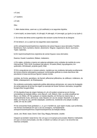 x X (xis)

y Y (ípsilon)

z Z (zê)

Obs.:

1. Além destas letras, usam-se o ç (cê cedilhado) e os seguintes dígrafos:

rr (erre duplo), ss (esse duplo), ch (cê-agá), lh (ele-agá), nh (ene-agá), gu (guê-u) e qu (quê-u).

2. Os nomes das letras acima sugeridos não excluem outras formas de as designar.

2º) As letras k, w e y usam-se nos seguintes casos especiais:

a) Em antropónimos/antropônimos originários de outras línguas e seus derivados: Franklin,
ftankliniano; Kant, kantistno; Darwin, darwinismo: Wagner, wagneriano, Byron, byroniano;
Taylor, taylorista;

b) Em topónimos/topônimos originários de outras línguas e seus derivados:

Kwanza; Kuwait, kuwaitiano; Malawi, malawiano;

c) Em siglas, símbolos e mesmo em palavras adotadas como unidades de medida de curso
internacional: TWA, KLM; K-potássio (de kalium), W-oeste (West); kg-quilograma, km-
quilómetro, kW-kilowatt, yd-jarda (yard); Watt.

3º) Em congruência com o número anterior, mantém-se nos vocábulos derivados eruditamente
de nomes próprios estrangeiros quaisquer combinações gráficas ou sinais diacríticos não
peculiares à nossa escrita que figurem nesses nomes:

comtista, de Comte; garrettiano, de Garrett; jeffersónia/ jeffersônia, de Jefferson; mülleriano, de
Müller; shakesperiano, de Shakespeare.

Os vocábulos autorizados registrarão grafias alternativas admissíveis, em casos de divulgação
de certas palavras de tal tipo de origem (a exemplo de fúcsia/ fúchsia e derivados, bungavília/
bunganvílea/ bougainvíllea).

4º) Os dígrafos finais de origem hebraica ch, ph e th podem conservar-se em formas
onomásticas da tradição bíblica, como Baruch, Loth, Moloch, Ziph, ou então simplificar-se:
Baruc, Lot, Moloc, Zif. Se qualquer um destes dígrafos, em formas do mesmo tipo, é
invariavelmente mudo, elimina-se: José, Nazaré, em vez de Joseph, Nazareth; e se algum
deles, por força do uso, permite adaptação, substitui-se, recebendo uma adição vocálica:
Judite, em vez de Judith.

5º) As consoantes finais grafadas b, c, d, g e h mantêm-se, quer sejam mudas, quer proferidas,
nas formas onomásticas em que o uso as consagrou, nomeadamente
antropónimos/antropônimos e topónimos/topônimos da tradição bíblica;

Jacob, Job, Moab, Isaac; David, Gad; Gog, Magog; Bensabat, Josafat.

Integram-se também nesta forma: Cid. em que o d é sempre pronunciado; Madrid e Valhadolid,
em que o d ora é pronunciado, ora não; e Calcem ou Calicut, em que o t se encontra nas
mesmas condições.
 