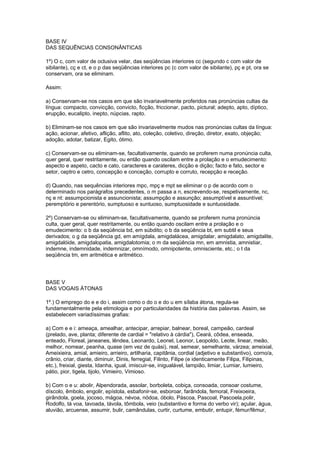 BASE IV
DAS SEQUÊNCIAS CONSONÂNTICAS

1º) O c, com valor de oclusiva velar, das seqüências interiores cc (segundo c com valor de
sibilante), cç e ct, e o p das seqüências interiores pc (c com valor de sibilante), pç e pt, ora se
conservam, ora se eliminam.

Assim:

a) Conservam-se nos casos em que são invariavelmente proferidos nas pronúncias cultas da
língua: compacto, convicção, convicto, ficção, friccionar, pacto, pictural; adepto, apto, díptico,
erupção, eucalipto, inepto, núpcias, rapto.

b) Eliminam-se nos casos em que são invariavelmente mudos nas pronúncias cultas da língua:
ação, acionar, afetivo, aflição, aflito, ato, coleção, coletivo, direção, diretor, exato, objeção;
adoção, adotar, batizar, Egito, ótimo.

c) Conservam-se ou eliminam-se, facultativamente, quando se proferem numa pronúncia culta,
quer geral, quer restritamente, ou então quando oscilam entre a prolação e o emudecimento:
aspecto e aspeto, cacto e cato, caracteres e carateres, dicção e dição; facto e fato, sector e
setor, ceptro e cetro, concepção e conceção, corrupto e corruto, recepção e receçâo.

d) Quando, nas sequências interiores mpc, mpç e mpt se eliminar o p de acordo com o
determinado nos parágrafos precedentes, o m passa a n, escrevendo-se, respetivamente, nc,
nç e nt: assumpcionista e assuncionista; assumpção e assunção; assumptível e assuntível;
peremptório e perentório, sumptuoso e suntuoso, sumptuosidade e suntuosidade.

2º) Conservam-se ou eliminam-se, facultativamente, quando se proferem numa pronúncia
culta, quer geral, quer restritamente, ou então quando oscilam entre a prolação e o
emudecimento: o b da seqüência bd, em súbdito; o b da seqüência bt, em subtil e seus
derivados; o g da seqüência gd, em amígdala, amigdalácea, amigdalar, amigdalato, amigdalite,
amigdalóide, amigdalopatia, amigdalotomia; o m da seqüência mn, em amnistia, amnistiar,
indemne, indemnidade, indemnizar, omnímodo, omnipotente, omnisciente, etc.; o t da
seqüência tm, em aritmética e aritmético.




BASE V
DAS VOGAIS ÁTONAS

1º.) O emprego do e e do i, assim como o do o e do u em sílaba átona, regula-se
fundamentalmente pela etimologia e por particularidades da história das palavras. Assim, se
estabelecem variadíssimas grafias:

a) Com e e i: ameaça, amealhar, antecipar, arrepiar, balnear, boreal, campeão, cardeal
(prelado, ave, planta; diferente de cardial = "relativo à cárdia"), Ceará, côdea, enseada,
enteado, Floreal, janeanes, lêndea, Leonardo, Leonel, Leonor, Leopoldo, Leote, linear, meão,
melhor, nomear, peanha, quase (em vez de quási), real, semear, semelhante, várzea; ameixial,
Ameixieira, amial, amieiro, arrieiro, artilharia, capitânia, cordial (adjetivo e substantivo), corno/a,
crânio, criar, diante, diminuir, Dinis, ferregial, Filinto, Filipe (e identicamente Filipa, Filipinas,
etc.), freixial, giesta, Idanha, igual, imiscuir-se, inigualável, lampião, limiar, Lumiar, lumieiro,
pátio, pior, tigela, tijolo, Vimieiro, Vimioso.

b) Com o e u: abolir, Alpendorada, assolar, borboleta, cobiça, consoada, consoar costume,
díscolo, êmbolo, engolir, epístola, esbafonir-se, esboroar, farândola, femoral, Freixoeira,
girândola, goela, jocoso, mágoa, névoa, nódoa, óbolo, Páscoa, Pascoal, Pascoela,polir,
Rodolfo, tá voa, tavoada, távola, tômbola, veio (substantivo e forma do verbo vir); açular, água,
aluvião, arcuense, assumir, bulir, camândulas, curtir, curtume, embutir, entupir, fémur/fêmur,
 