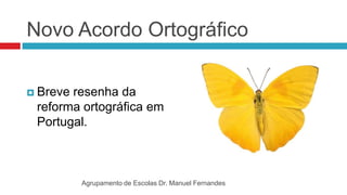 Novo Acordo Ortográfico Breve resenha da reforma ortográfica em Portugal. Agrupamento de Escolas Dr. Manuel Fernandes 