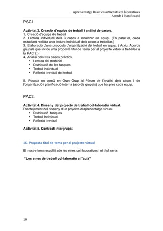 Aprenentatge	
  Basat	
  en	
  activitats	
  col·laboratives	
  
                                                                                         Acords	
  i	
  Planificació	
  
PAC1

Activitat 2. Creació d’equips de treball i anàlisi de casos.
1. Creació d'equips de treball
2. Lectura individual dels 3 casos a analitzar en equip. (En paral·lel, cada
estudiant realitza una lectura individual dels casos a treballar.)
3. Elaboració d'una proposta d'organització del treball en equip. ( Arxiu: Acords
grupals que inclou una proposta títol de tema per al projecte virtual a treballar a
la PAC 2.)
4. Anàlisi dels tres casos pràctics.
    • Lectura del material
    • Distribució de les tasques
    • Treball individual
    • Reflexió i revisió del treball

5. Posada en comú en Gran Grup al Fòrum de l'anàlisi dels casos i de
l'organització i planificació interna (acords grupals) que ha pres cada equip.


PAC2.

Activitat 4. Disseny del projecte de treball col·laboratiu virtual.
Plantejament del disseny d’un projecte d’aprenentatge virtual.
   • Distribució tasques
   • Treball Individual
   • Reflexió i revisió

Activitat 5. Contrast intergrupal.



16.	
  Proposta	
  títol	
  de	
  tema	
  per	
  al	
  projecte	
  virtual	
  
	
  
El nostre tema escollit són les eines col·laboratives i el títol seria:
	
  
     “Les eines de treball col·laboratiu a l’aula”




10	
  
 
