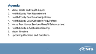Agenda
1. Model Goals and Health Equity
2. Health Equity Plan Requirement
3. Health Equity Benchmark Adjustment
4. Health ...
