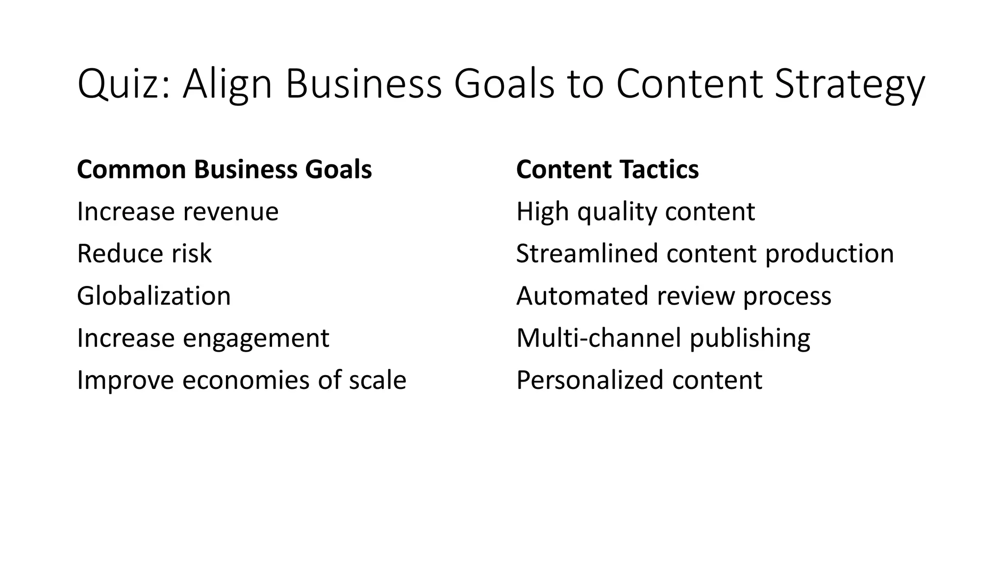 Quiz: Align Business Goals to Content Strategy
Common Business Goals
Increase revenue
Reduce risk
Globalization
Increase engagement
Improve economies of scale
Content Tactics
High quality content
Streamlined content production
Automated review process
Multi-channel publishing
Personalized content
 