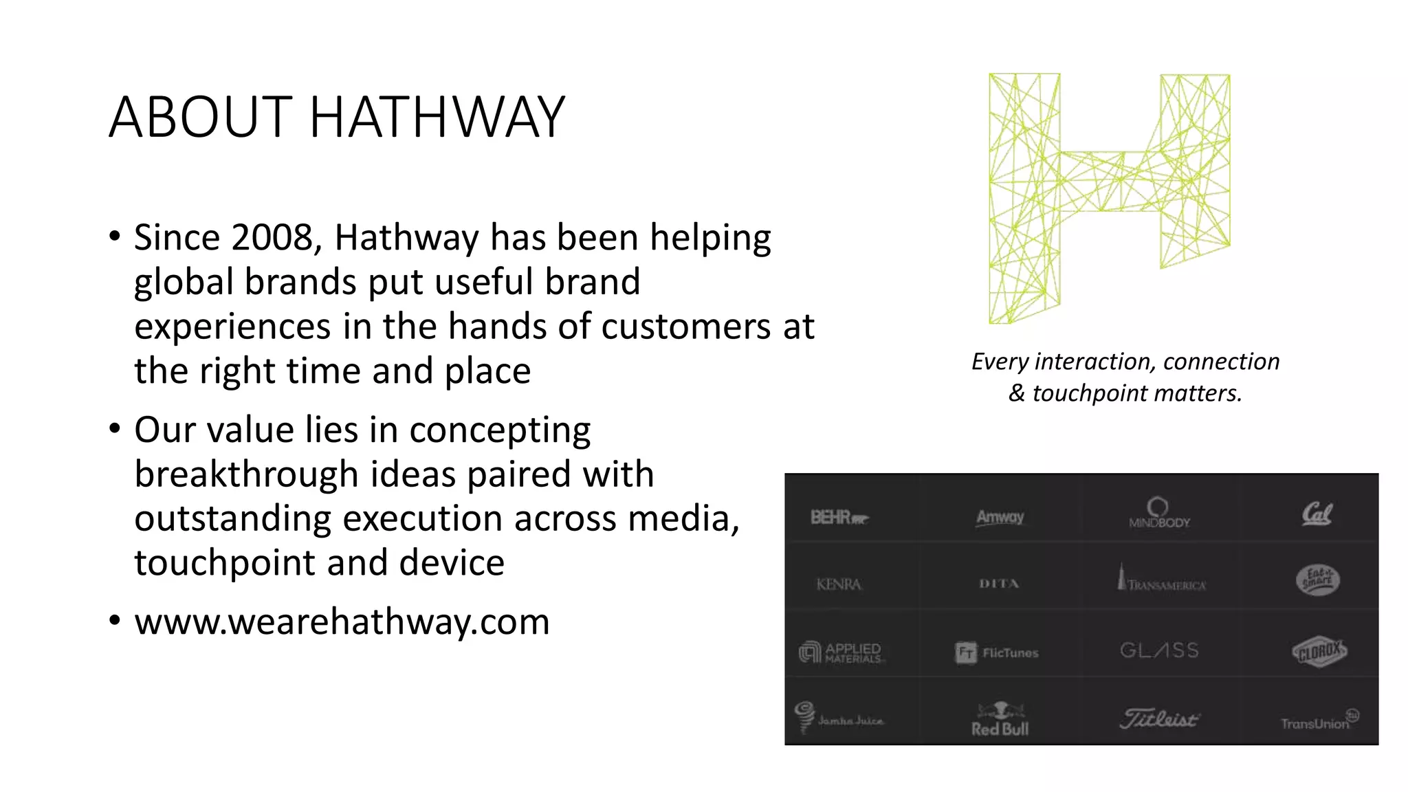 ABOUT HATHWAY
• Since 2008, Hathway has been helping
global brands put useful brand
experiences in the hands of customers at
the right time and place
• Our value lies in concepting
breakthrough ideas paired with
outstanding execution across media,
touchpoint and device
• www.wearehathway.com
Every interaction, connection
& touchpoint matters.
 