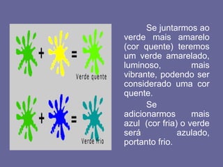 Se juntarmos ao
verde mais amarelo
(cor quente) teremos
um verde amarelado,
luminoso, mais
vibrante, podendo ser
considerado uma cor
quente.
Se
adicionarmos mais
azul (cor fria) o verde
será azulado,
portanto frio.
 