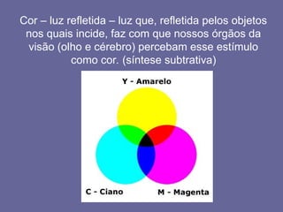 Cor – luz refletida – luz que, refletida pelos objetos
nos quais incide, faz com que nossos órgãos da
visão (olho e cérebro) percebam esse estímulo
como cor. (síntese subtrativa)
 