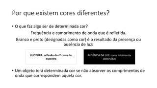 Por que existem cores diferentes?
• O que faz algo ser de determinada cor?
Frequência e comprimento de onda que é refletida.
Branco e preto (designadas como cor) é o resultado da presença ou
ausência de luz:
• Um objeto terá determinada cor se não absorver os comprimentos de
onda que correspondem aquela cor.
LUZ PURA: reflexão das 7 cores do
espectro
AUSÊNCIA DA LUZ: cores totalmente
absorvidas
 