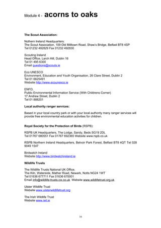 Module 4 -      acorns to oaks

The Scout Association:

Nothern Ireland Headquarters:
The Scout Association, 109 Old Milltown Road, Shaw’s Bridge, Belfast BT8 4SP
Tel 01232 492829 Fax 01232 492830

Scouting Ireland
Head Office, Larch Hill, Dublin 16
Tel 01 495 6300
Email questions@scouts.ie

Eco UNESCO
Environment, Education and Youth Organisation, 26 Clare Street, Dublin 2
Tel 01 6625491
Website http://www.ecounesco.ie

ENFO,
Public Environmental Information Service (With Childrens Corner)
17 Andrew Street, Dublin 2
Tel 01 888201

Local authority ranger services:

Based in your local country park or with your local authority many ranger services will
provide free environmental education activities for children.


Royal Society for the Protection of Birds (RSPB):

RSPB UK Headquarters, The Lodge, Sandy, Beds SG19 2DL
Tel 01767 680551 Fax 01767 692365 Website www.rspb.co.uk

RSPB Northern Ireland Headquarters, Belvoir Park Forest, Belfast BT8 4QT Tel 028
9049 1547

Birdwatch Ireland
Website http://www.birdwatchireland.ie

Wildlife Trusts

The Wildlife Trusts National UK Office,
The Kiln, Waterside, Mather Road, Newark, Notts NG24 1WT
Tel 01636 677711 Fax 01636 670001
Email info@wildlife-trusts.cix.co.uk Website www.wildlifetrust.org.uk

Ulster Wildlife Trust
Website www.ulsterwildlifetrust.org

The Irish Wildlife Trust
Website www.iwt.ie




                                          16
 