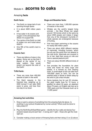 Module 4 -      acorns to oaks
Amazing facts

Earth facts:                             Bugs and Beasties facts:

•   The Earth is a large ball of rock    •       There are more than 1,000,000 species
    spinning through space                       of insects in the world!
•   It is about 4600 million years       •       Whales are the world’s largest living
    old                                          animals – the Blue Whale can weigh
•   It has water in its oceans and               around 136 tonnes which is the same as
    oxygen in the atmosphere that                about 2000 people and makes it larger
    allows it to support life                    than any of the dinosaurs! Currently 21
                                                 whale species are endangered because
•   The centre of the Earth is a ball            of hunting.
    of molten iron and nickel about
    4500oC                               •       Fish have been swimming in the oceans
                                                 for nearly 500 million years!
•   One fifth of the world’s land is
    desert!                              •       There are about 4000 different species
                                                 of mammals, including humans, which
Cosmic fact:                                     live all over the world from hot deserts to
                                                 the cold Arctic. Mammals are covered in
                                                 fur or hair, feed their young on milk and
•   There are billions of stars in the
                                                 have a special jawbone joint
    galaxy. Some are so big that if
    placed at the centre of our          •       There are about 90,000 different kinds of
    solar system, they would                     flies!
    stretch out beyond the orbit of      •       Soil provides the foundation for plant
    the Earth!                                   roots and home for many bugs and
                                                 beasts. It is formed by rock wearing
Trifid facts:                                    down. A small depth of soil can take from
                                                 100-2000 years to form, but can be
•   There are more than 400,000                  washed away in floods or blown away by
    species of plant in the world                the wind in just a few minutes
•   The Giant sequoia is the             •       Some bacteria live for just 20 minutes,
    heaviest tree, weighing up to                the adult mayfly lives for 12 hours, a
    2000 tonnes! It can take 2000                goldfish for about 30 years, an elephant
    years to grow, and less than                 about 75 years, an English oak tree up to
    one day to cut down                          1500 years and the Creosote bush up to
                                                 11,000 years!



Amazing fact activities

1. Draw or paint a picture of something from the amazing facts list above. Is
   anything in your picture threatened by human activity? What could be done to
   help protect it?

2. Play the North/South/East/West game – identify the four walls and devise four
   answers based around each fact – 3 wrong and 1 right – those who get the most
   right win

3. Consider making a local version of Amazing facts and then doing (1) or (2) above


                                             8
 