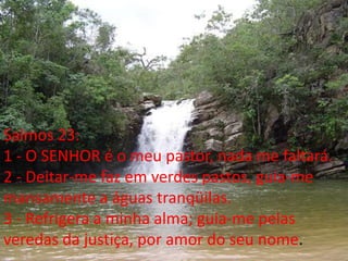 Salmos 23: 
1 - O SENHOR é o meu pastor, nada me faltará. 
2 - Deitar-me faz em verdes pastos, guia-me 
mansamente a águas tranqüilas. 
3 - Refrigera a minha alma; guia-me pelas 
veredas da justiça, por amor do seu nome. 
