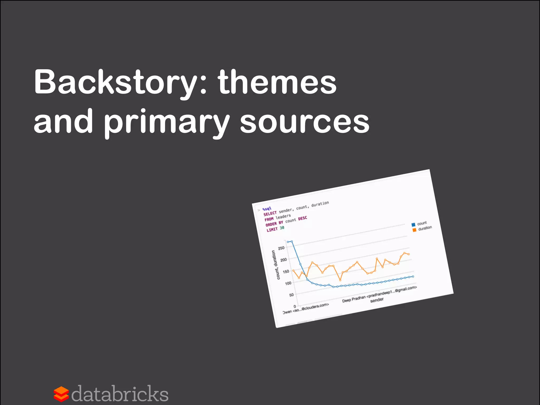 Big Data: Personal Observation
Apache Spark represents an opportunity for
collaboration between industry and academia:	

More so than previous Big Data frameworks,
Spark is pure open source and successful 
use cases at scale leverage algorithms and
mathematics in a more fundamental way	

• academia needs real-world data from industry	

• industry needs experts in latest techniques  
from academia
 