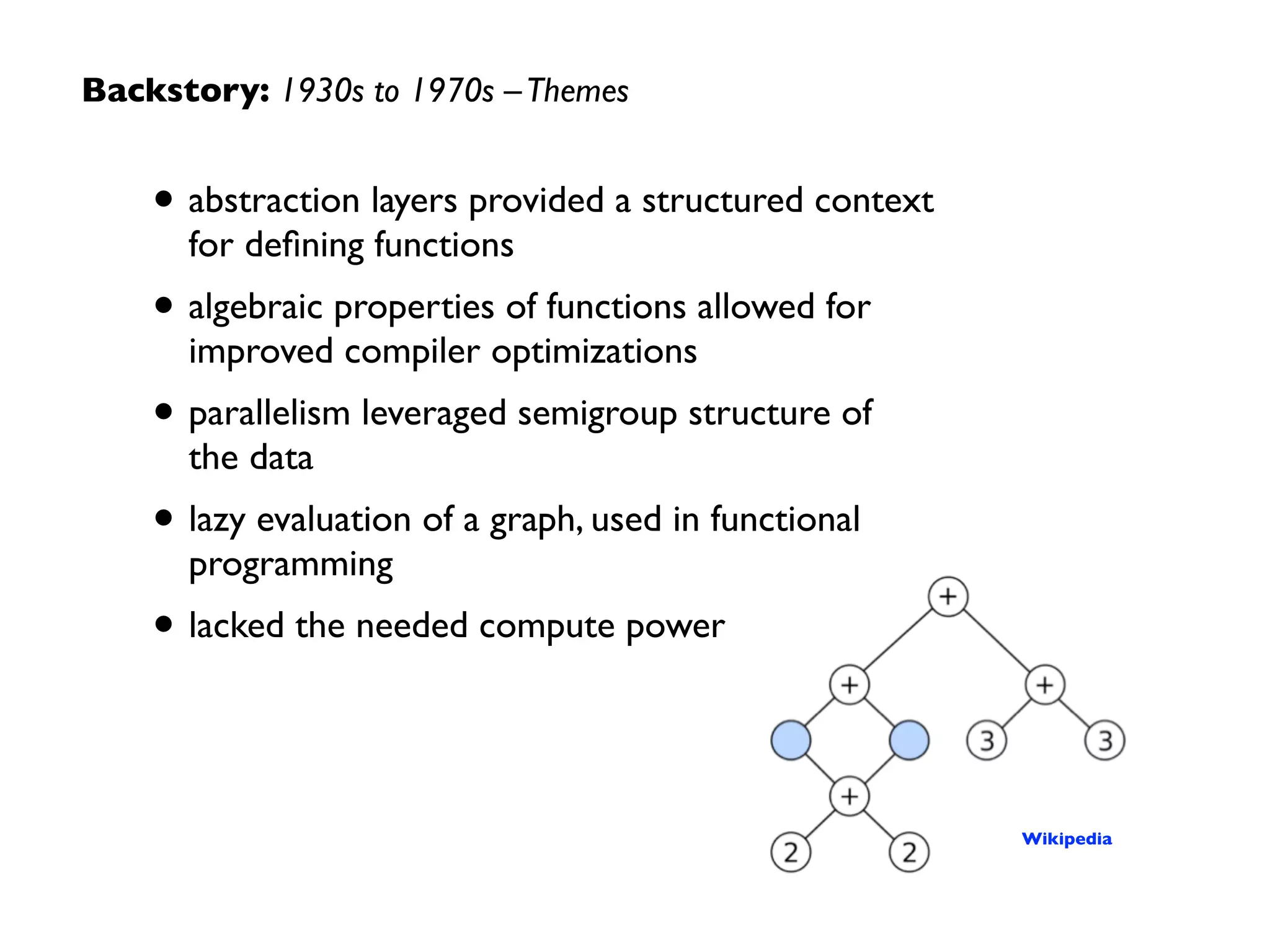 1930s
Lambda
Calculus
Combinators
1970s
Graph
Reduction
Algebra for
Applicative
Systems
query
optimization
functional
programming
parallel
processing
Backstory: 1930s to 1970s
Early work in the theory of computation led to  
foundations for functional programming, parallel
processing, and query optimization methods…
 