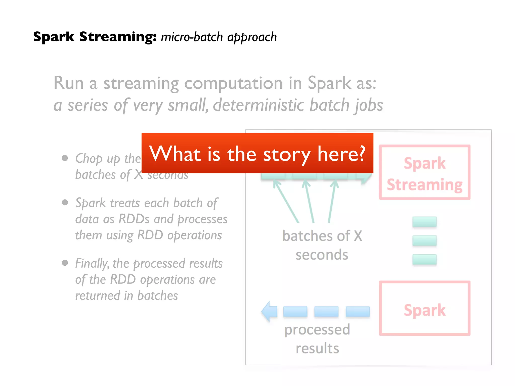Three suggested areas for R&D, among the
most disruptive innovations based on Spark:	

1. Streaming analytics, especially stateful apps that leverage
approximation algorithms – with demand driven by IoT
2. Generalized ML workﬂows, especially large-scale matrix
factorization and convex optimization for industry uses
3. Cloud-based notebooks, building on containers, IPython,
and DataFrames, as tools for collaboration and teaching
– ultimately as disruptive as spreadsheets in the 1980s
Disruptive Patterns:
What is the story here?
 
