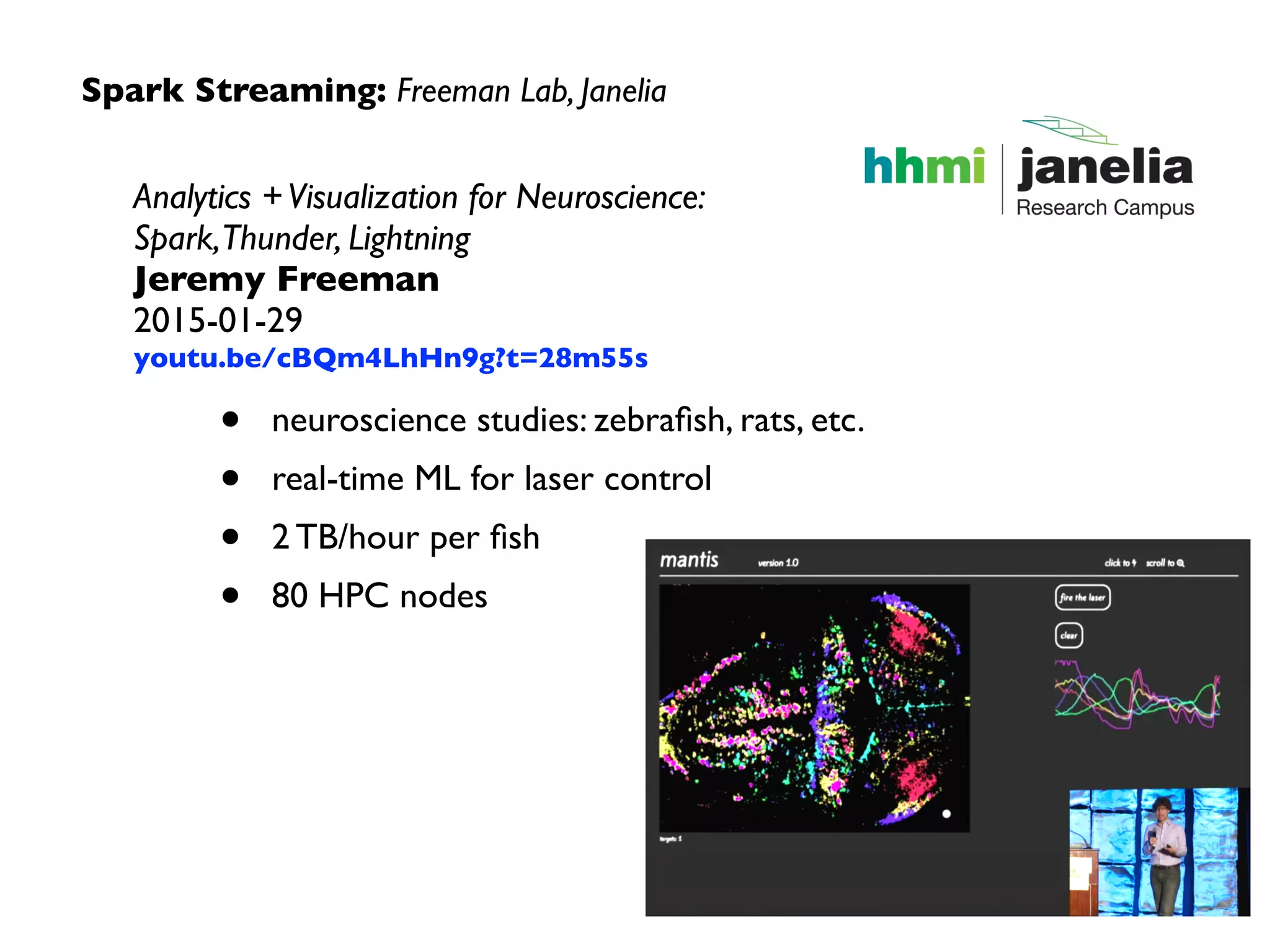 Spark Streaming: system integrator
Stratio Streaming: a new approach to  
Spark Streaming	

David Morales, Oscar Mendez	

2014-06-30	

spark-summit.org/2014/talk/stratio-streaming-
a-new-approach-to-spark-streaming
• Stratio Streaming is the union of a real-time
messaging bus with a complex event processing
engine using Spark Streaming	

• allows creation of streams and queries on the ﬂy	

• paired with Siddhi CEP engine and Apache Kafka	

• added global features to the engine such as auditing
and statistics	

• use cases: large banks, retail, travel, etc.	

• using Apache Mesos
 