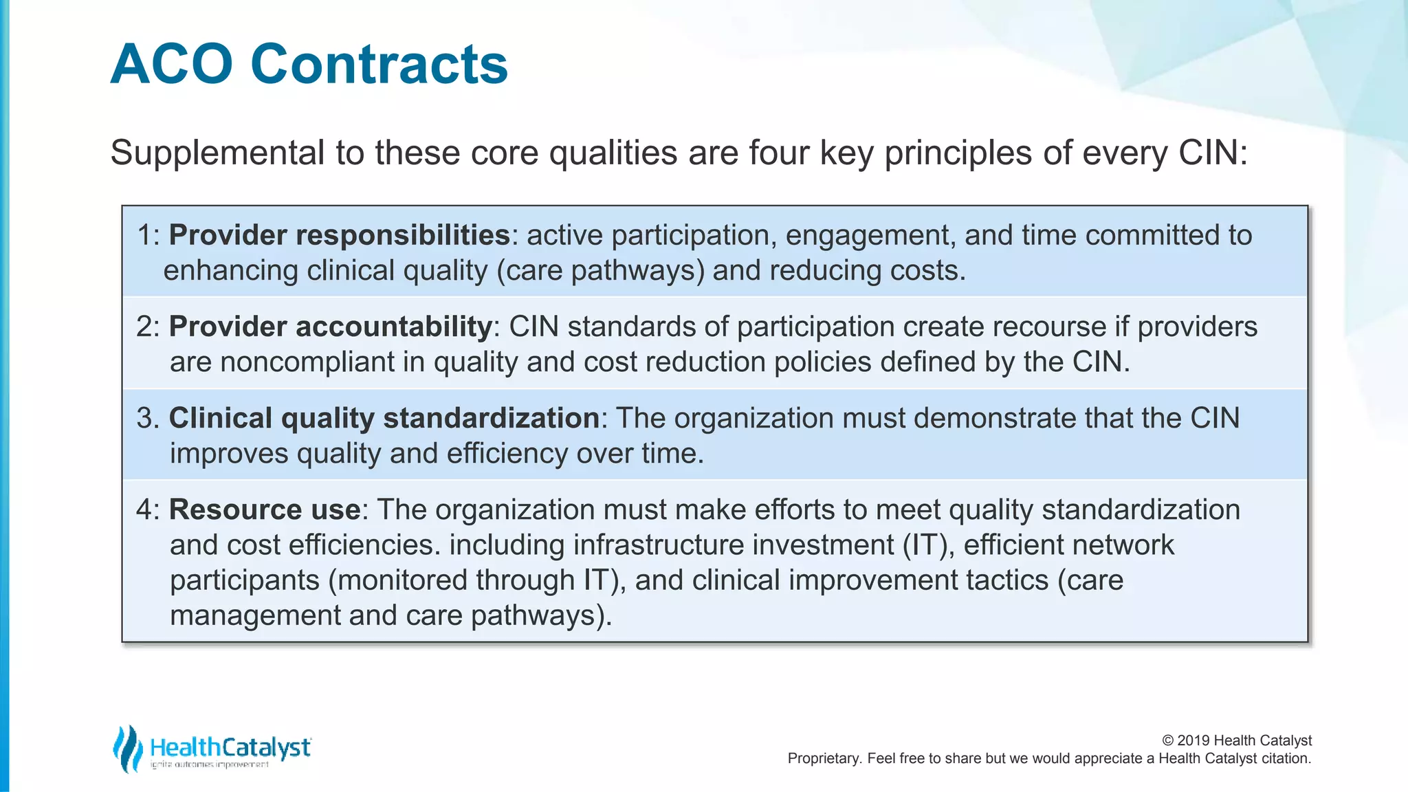 © 2019 Health Catalyst
Proprietary. Feel free to share but we would appreciate a Health Catalyst citation.
Supplemental to these core qualities are four key principles of every CIN:
ACO Contracts
1: Provider responsibilities: active participation, engagement, and time committed to
enhancing clinical quality (care pathways) and reducing costs.
2: Provider accountability: CIN standards of participation create recourse if providers
are noncompliant in quality and cost reduction policies defined by the CIN.
3. Clinical quality standardization: The organization must demonstrate that the CIN
improves quality and efficiency over time.
4: Resource use: The organization must make efforts to meet quality standardization
and cost efficiencies. including infrastructure investment (IT), efficient network
participants (monitored through IT), and clinical improvement tactics (care
management and care pathways).
 