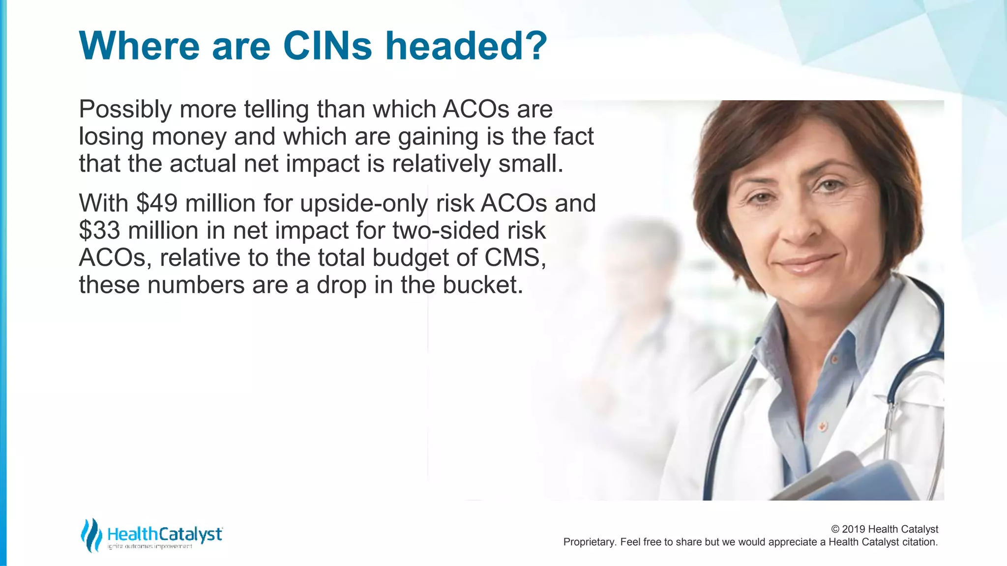 © 2019 Health Catalyst
Proprietary. Feel free to share but we would appreciate a Health Catalyst citation.
Possibly more telling than which ACOs are
losing money and which are gaining is the fact
that the actual net impact is relatively small.
With $49 million for upside-only risk ACOs and
$33 million in net impact for two-sided risk
ACOs, relative to the total budget of CMS,
these numbers are a drop in the bucket.
Where are CINs headed?
 