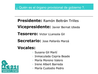 ¿ Quién es el órgano provisional de gobierno ?. Presidente:   Ramón Beltrán Trilles Vicepresidente:   Javier Bernat Ubeda Tesorero:   Victor LLansola Gil Secretario:   Jose Pallarés Marzá Vocales: Susana Gil Martí Inmaculada Cepria Beade María Moreno Valero Irene Albert Barreda María Custodio Pedro 