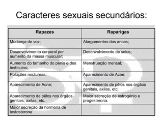 Caracteres sexuais secundários: Maior secreção da hormona de testosterona. Maior secreção de estrogénio e progesterona. Aparecimento de pêlos nos órgãos genitais, axilas, etc. Aparecimento de pêlos nos órgãos genitais, axilas, etc. Aparecimento de Acne; Aparecimento de Acne; Poluções nocturnas; Menstruação mensal; Aumento do tamanho do pénis e dos testículos; Desenvolvimento de seios; Desenvolvimento corporal por aumento da massa muscular; Alargamentos das ancas; Mudança de voz; Raparigas Rapazes 