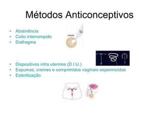 Métodos Anticonceptivos Abstinência   Coito interrompido   Diafragma   Dispositivos intra uterinos (D.I.U.)   Espumas, cremes e comprimidos vaginais espermicidas   Esterilização   