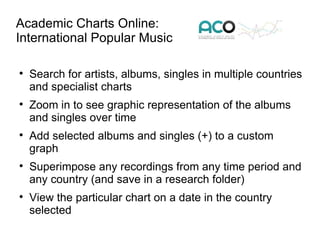 Academic Charts Online:
International Popular Music


    Search for artists, albums, singles in multiple countries
    and specialist charts

    Zoom in to see graphic representation of the albums
    and singles over time

    Add selected albums and singles (+) to a custom
    graph

    Superimpose any recordings from any time period and
    any country (and save in a research folder)

    View the particular chart on a date in the country
    selected
 