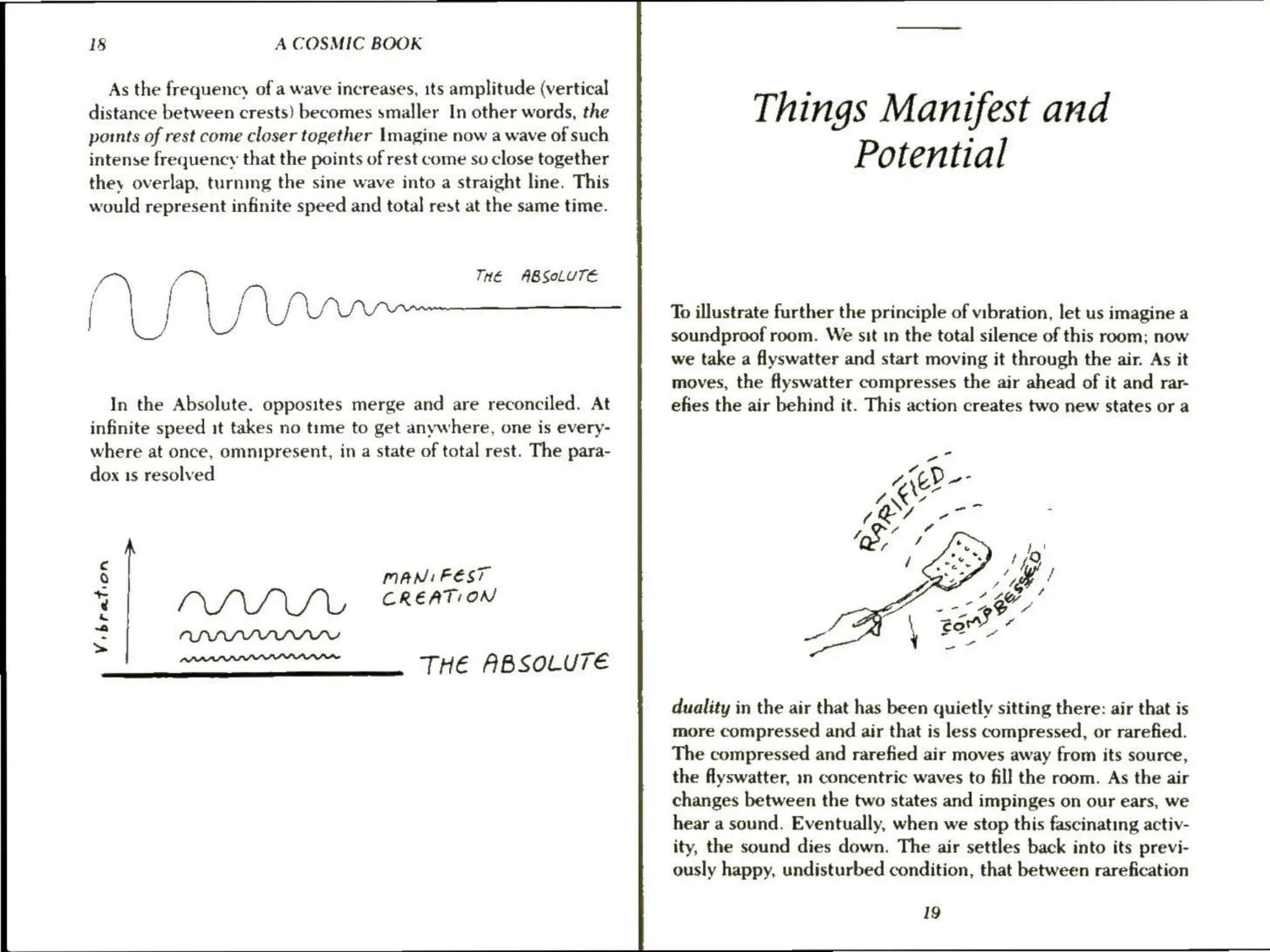 18 A COSMIC BOOK
As the frequency of a wave increases, its amplitude (vertical
distance between crests) becomes smaller In other words, the
points of rest come closer together Imagine now a wave of such
intense frequency that the points of rest come so close together
they overlap, turnmg the sine wave into a straight line. This
would represent infinite speed and total rest at the same time.
In the Absolute. opposites merge and are reconciled. At
infinite speed it takes no time to get anywhere, one is every-
where at once, omnipresent, in a state of total rest. The para-
dox 1s resolved
THE ABSOLUTE
6 MANIFEST
PT) ADL creation
2- RMD DANA
= PPD DLP DDO
THE ABSOLUT
Things Manifest and
Potential
To illustrate further the principle of vibration, let us imagine a
soundproof room. We sit in the total silence of this room; now
we take a flyswatter and start moving it through the air. As it
moves, the flyswatter compresses the air ahead of it and rar-
efies the air behind it. This action creates two new states or a
duality in the air that has been quietly sitting there: air that is
more compressed and air that is less compressed, or rarefied.
The compressed and rarefied air moves away from its source,
the flyswatter, 1n concentric waves to fill the room. As the air
changes between the two states and impinges on our ears, we
hear a sound. Eventually, when we stop this fascinating activ-
ity, the sound dies down. The air settles back into its previ-
ously happy, undisturbed condition, that between rarefication
19
 