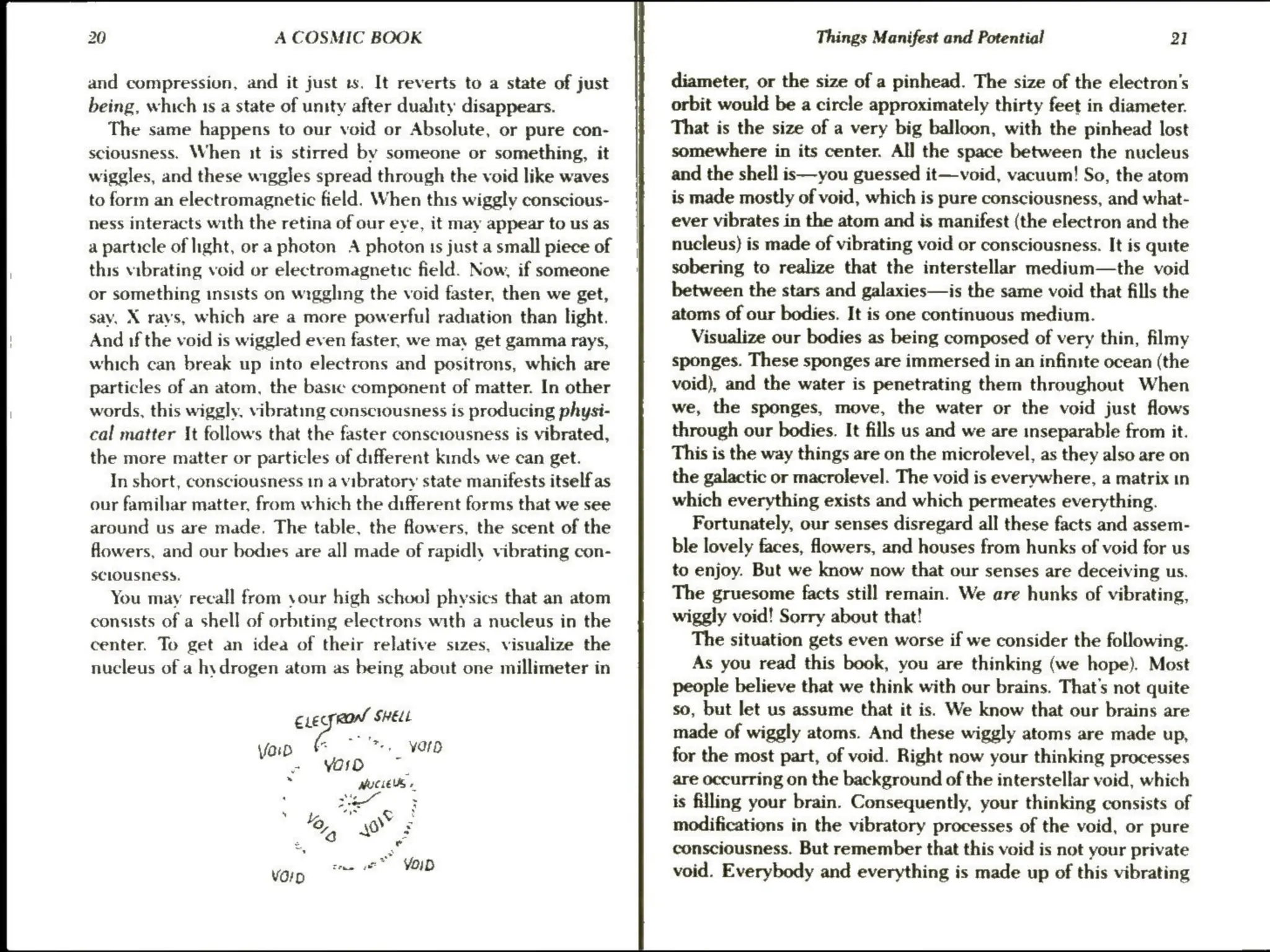 20 A COSMIC BOOK
and compression, and it just is. It reverts to a state of just
being, which 1s a state of unity after duahty disappears.
The same happens to our void or Absolute, or pure con-
sciousness. When it is stirred by someone or something, it
wiggles, and these wiggles spread through the void like waves
to form an electromagnetic field. When this wiggly conscious-
ness interacts with the retina of our eye, it may appear to us as
a particle of light, or aphoton A photon 1s just a small piece of
this vibrating void or electromagnetic field. Now, if someone
or something insists on wiggling the void faster, then we get,
say, X rays, which are a more powerful radiation than light.
And if the void is wiggled even faster, we may get gamma rays,
which can break up into electrons and positrons, which are
particles of an atom, the basic component of matter. In other
words, this wiggly, vibrating consciousness is producing physi-
cal matter It follows that the faster consciousness is vibrated,
the more matter or particles of different kinds we can get.
In short, consciousness 1n a vibratory state manifests itself as
our familar matter, from which the different forms that we see
around us are made. The table, the flowers, the scent of the
Howers, and our bodies are all made of rapidly vibrating con-
sciousness.
You may recall from sour high school physics that an atom
consists of a shell of orbiting electrons with a nucleus in the
center. To get an idea of their relative sizes, visualize the
nucleus of a hydrogen atom as being about one millimeter in
ee SHELL
Yar oe 7 yoroD
: MUCLEUS +
: Ne ri
‘KY nie oes
6
‘. “a ay e
VOID Tree a YoID
Things Manifest and Potential 21
diameter, or the size of a pinhead. The size of the electron’s
orbit would be a circle approximately thirty feet in diameter.
That is the size of a very big balloon, with the pinhead lost
somewhere in its center. All the space between the nucleus
and the shell is—you guessed it—void, vacuum! So, the atom
is made mostly of void, which is pure consciousness, and what-
ever vibrates in the atom and is manifest (the electron and the
nucleus) is made of vibrating void or consciousness. It is quite
sobering to realize that the interstellar medium—the void
between the stars and galaxies—is the same void that fills the
atoms of our bodies. It is one continuous medium.
Visualize our bodies as being composed of very thin, filmy
sponges. These sponges are immersed in an infintte ocean (the
void), and the water is penetrating them throughout When
we, the sponges, move, the water or the void just flows
through our bodies. It fills us and we are inseparable from it.
This is the way things are on the microlevel, as they also are on
the galactic or macrolevel. The void is everywhere, a matrix in
which everything exists and which permeates everything.
Fortunately, our senses disregard all these facts and assem-
ble lovely faces, flowers, and houses from hunks of void for us
to enjoy. But we know now that our senses are deceiving us.
The gruesome facts still remain. We are hunks of vibrating,
wiggly void! Sorry about that!
The situation gets even worse if we consider the following.
As you read this book, you are thinking (we hope). Most
people believe that we think with our brains. That's not quite
so, but let us assume that it is. We know that our brains are
made of wiggly atoms. And these wiggly atoms are made up,
for the most part, of void. Right now your thinking processes
are occurring on the background of the interstellar void, which
is filling your brain. Consequently, your thinking consists of
modifications in the vibratory processes of the void, or pure
consciousness. But remember that this void is not your private
void. Everybody and everything is made up of this vibrating
 
