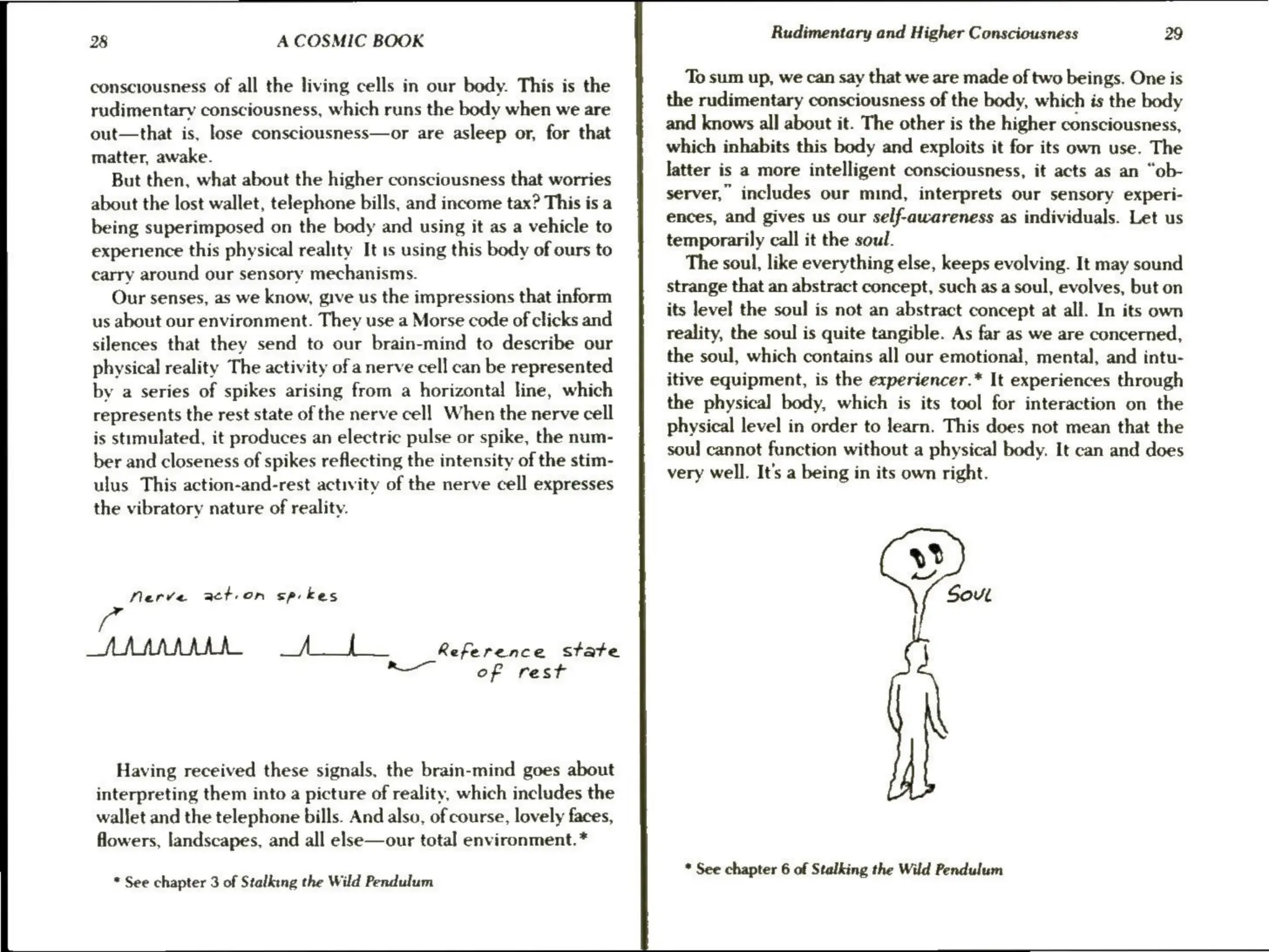 28 A COSMIC BOOK
consciousness of all the living cells in our body. This is the
rudimentary consciousness, which runs the body when we are
out—that is, lose consciousness—or are asleep or, for that
matter, awake.
But then, what about the higher consciousness that worries
about the lost wallet, telephone bills, and income tax? This is a
being superimposed on the body and using it as a vehicle to
experience this physical reality It ts using this body of ours to
carry around our sensory mechanisms.
Our senses, as we know, give us the impressions that inform
us about our environment. They use a Morse code of clicks and
silences that they send to our brain-mind to describe our
physical reality The activity of a nerve cell can be represented
by a series of spikes arising from a horizontal line, which
represents the rest state of the nerve cell When the nerve cell
is stimulated, it produces an electric pulse or spike, the num-
ber and closeness of spikes reflecting the intensity of the stim-
ulus This action-and-rest activity of the nerve cell expresses
the vibratory nature of reality.
Nerve action sp kes
f"
AAAAAAMIL _A_]f
S of rest
Having received these signals, the brain-mind goes about
interpreting them into a picture of reality, which includes the
wallet and the telephone bills. And also, of course, lovely faces,
flowers, landscapes, and all else—our total environment.*
* See chapter 3 of Stalking the Wild Pendulum
Reference state
Rudimentary and Higher Consciousness 29
To sum up, we can say that we are made of two beings. One is
the rudimentary consciousness of the body, which is the body
and knows all about it. The other is the higher consciousness,
which inhabits this body and exploits it for its own use. The
latter is a more intelligent consciousness, it acts as an “ob-
server, includes our mind, interprets our sensory experi-
ences, and gives us our self-awareness as individuals. Let us
temporarily call it the soul.
The soul, like everything else, keeps evolving. It may sound
strange that an abstract concept, such as a soul, evolves, but on
its level the soul is not an abstract concept at all. In its own
reality, the soul is quite tangible. As far as we are concerned,
the soul, which contains all our emotional, mental, and intu-
itive equipment, is the experiencer.* It experiences through
the physical body, which is its tool for interaction on the
physical level in order to learn. This does not mean that the
soul cannot function without a physical body. It can and does
very well. It's a being in its own right.
od
7
Sov
* See chapter 6 of Stalking the Wild Pendulum
 
