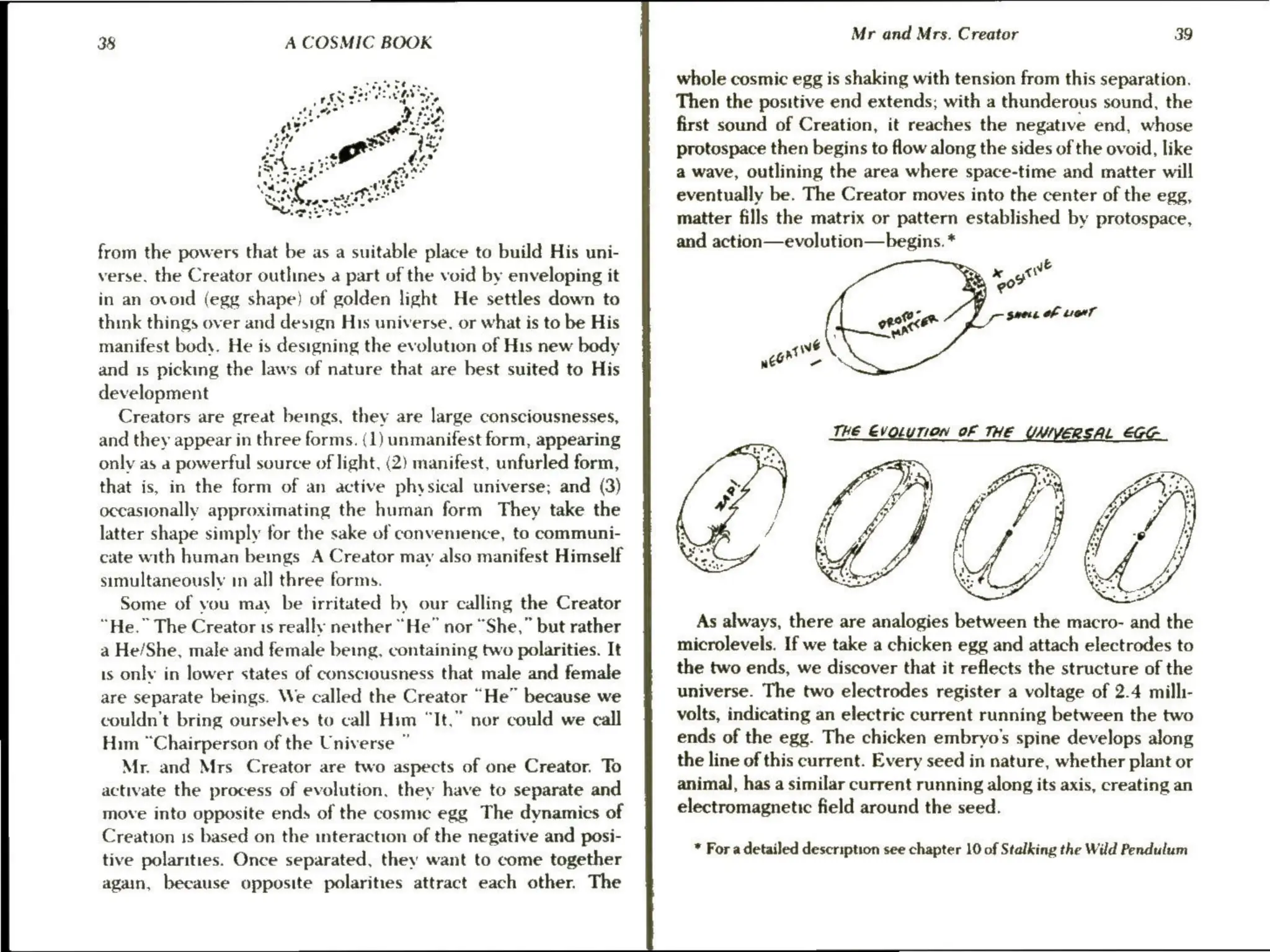 38 A COSMIC BOOK
from the powers that be as a suitable place to build His uni-
verse. the Creator outlines a part of the void by enveloping it
in an ovoid (egg shape) of golden light He settles down to
think things over and design His universe. or what is to be His
manifest body. He is designing the evolution of His new body
and 1s picking the laws of nature that are best suited to His
development
Creators are great beings, they are large consciousnesses,
and they appear in three forms. (1) unmanifest form, appearing
only as a powerful source of light, (2) manifest, unfurled form,
that is, in the form of an active physical universe; and (3)
occasionally approximating the human form They take the
latter shape simply for the sake of convemence, to communi-
cate with human beings A Creator may also manifest Himself
simultaneously in all three forms.
Some of you may be irritated by our calling the Creator
“He.” The Creator is really neither “He” nor “She,” but rather
a He/She, male and female being, containing two polarities. It
is only in lower states of consciousness that male and female
are separate beings. We called the Creator “He” because we
couldn't bring ourselves to call Him “It.” nor could we call
Him “Chairperson of the Universe ”
Mr. and Mrs Creator are two aspects of one Creator. To
activate the process of evolution. they have to separate and
move into opposite ends of the cosmic egg The dynamics of
Creation 1s based on the interaction of the negative and posi-
tive polarities. Once separated, they want to come together
again, because opposite polarities attract each other. The
Mr and Mrs. Creator 39
whole cosmic egg is shaking with tension from this separation.
Then the positive end extends; with a thunderous sound, the
first sound of Creation, it reaches the negative end, whose
protospace then begins to flow along the sides of the ovoid, like
a wave, outlining the area where space-time and matter will
eventually be. The Creator moves into the center of the egg,
matter fills the matrix or pattern established by protospace,
and action—evolution—begins.*
yé
“i
go?
As always, there are analogies between the macro- and the
microlevels. If we take a chicken egg and attach electrodes to
the two ends, we discover that it reflects the structure of the
universe. The two electrodes register a voltage of 2.4 milhi-
volts, indicating an electric current running between the two
ends of the egg. The chicken embryo’s spine develops along
the line of this current. Every seed in nature, whether plant or
animal, has a similar current running along its axis, creating an
electromagnetic field around the seed.
* For a detailed description see chapter 10 of Stalking the Wild Pendulum
 