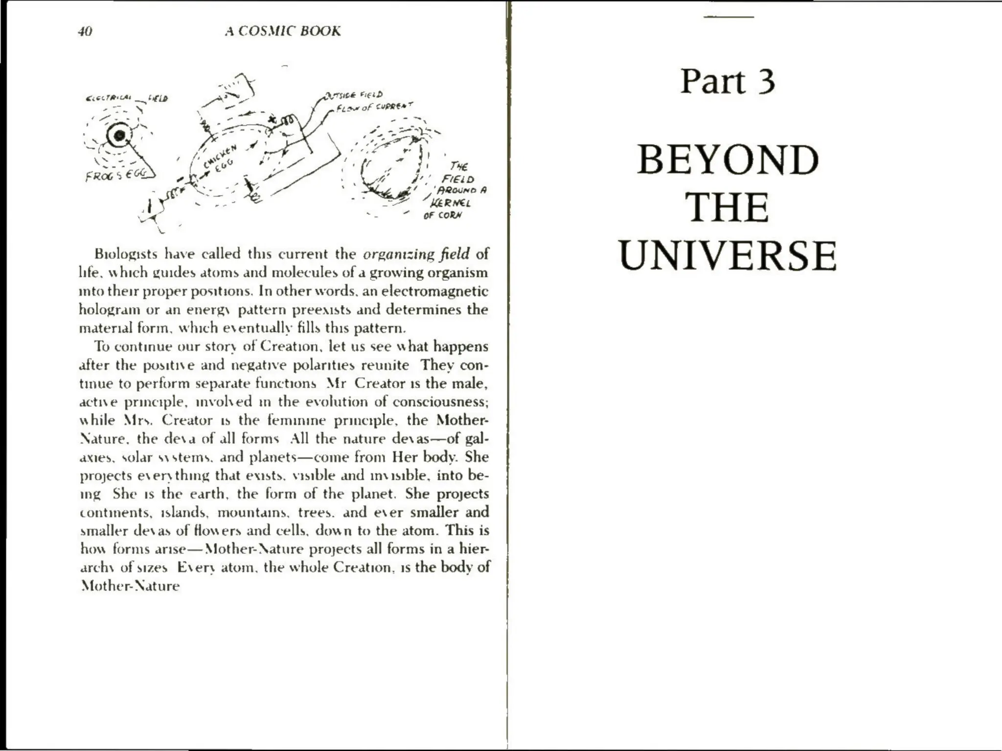 A COSMIC BOOK
Aurrsiee Fei dD
Biologists have called this current the organizing field of
life. which guides atoms and molecules ofa growing organism
into their proper positions. In other words, an electromagnetic
hologram or an energy pattern preexists and determines the
material form, which eventually fills this pattern.
To continue our story of Creation, let us see what happens
after the positive and negative polarities reunite They con-
tinue to perform separate functions Mr Creator 1s the male,
active principle, involved in the evolution of consciousness;
while Mrs. Creator is the feminine principle, the Mother-
Nature, the deva of all forms All the nature devas—of gal-
axies, solar systems. and planets—come from Her body. She
projects everything that ests, visible and invisible, into be-
ing She 1s the earth, the form of the planet. She projects
contents, islands, mountains, trees. and ever smaller and
smaller devas of Howers and cells, down to the atom. This is
how forms arise—Mother- Nature projects all forms in a hier-
archy of sizes Evers atom, the whole Creation, 1s the body of
Mother- Nature
Part 3
BEYOND
THE
UNIVERSE
 
