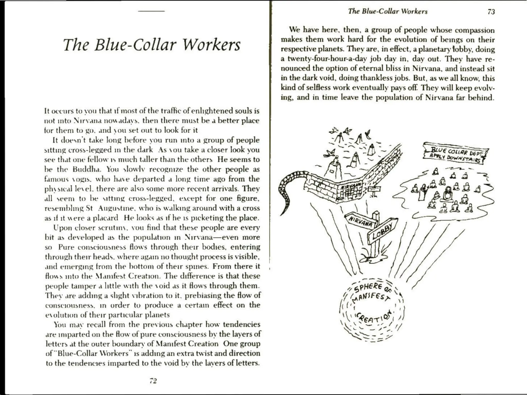 The Blue-Collar Workers
It occurs to vou that if most of the traffic of enlightened souls is
not into Nirvana nowadays, then there must be a better place
tor them to go, and you set out to look for it
It doesn't take long before you run into a group of people
sitting cross-legged in the dark As vou take a closer look you
see that one fellow 1s much taller than the others He seems to
be the Buddha. You slowly recognize the other people as
famous vogs. who have departed a long time ago from the
physical level. there are also some more recent arrivals. They
all seem to be sitting cross-legged, except for one figure,
resembling St Augustine, who is walking around with a cross
as if it were a placard He looks as if he 1s picketing the place.
Upon closer scrutiny, vou find that these people are every
bit as developed as the population m Nirvana—even more
so Pure consciousness flows through their bodies, entering
through their heads. where again no thought process is visible,
and emerging from the bottom of their spmes. From there it
flows mto the Manifest Creation. The difference is that these
people tamper a little with the void as it hows through them.
They are adding a shght vibration to it, prebiasing the flow of
consciousness, in order to produce a certain effect on the
evolution of their particular planets
You may recall from the previous chapter how tendencies
are imparted on the flowof pure consciousness by the layers of
letters at the outer boundary of Manifest Creation One group
of “Blue-Collar Workers” 1s adding an extra twist and direction
to the tendencies imparted to the void by the lavers of letters.
+2
The Blue-Collar Workers 73
We have here, then, a group of people whose compassion
makes them work hard for the evolution of beings on their
respective planets. They are, in effect, a planetary lobby, doing
a twenty-four-hour-a-day job day in, day out. They have re-
nounced the option of eternal bliss in Nirvana, and instead sit
in the dark void, doing thankless jobs. But, as we all know, this
kind of selfless work eventually pays off They will keep evolv-
ing, and in time leave the population of Nirvana far behind.
 